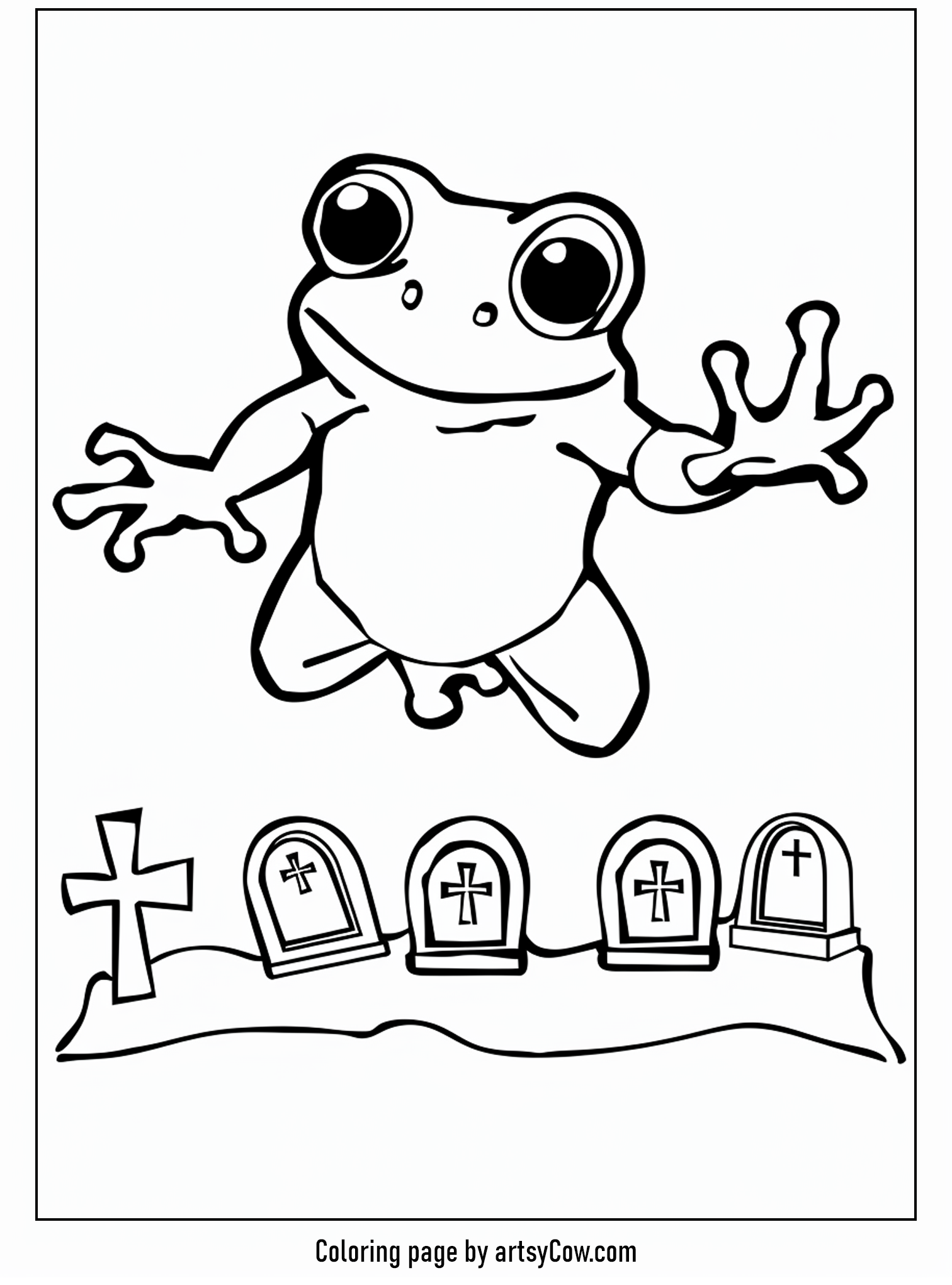 a frog poised playfully in a graveyard
